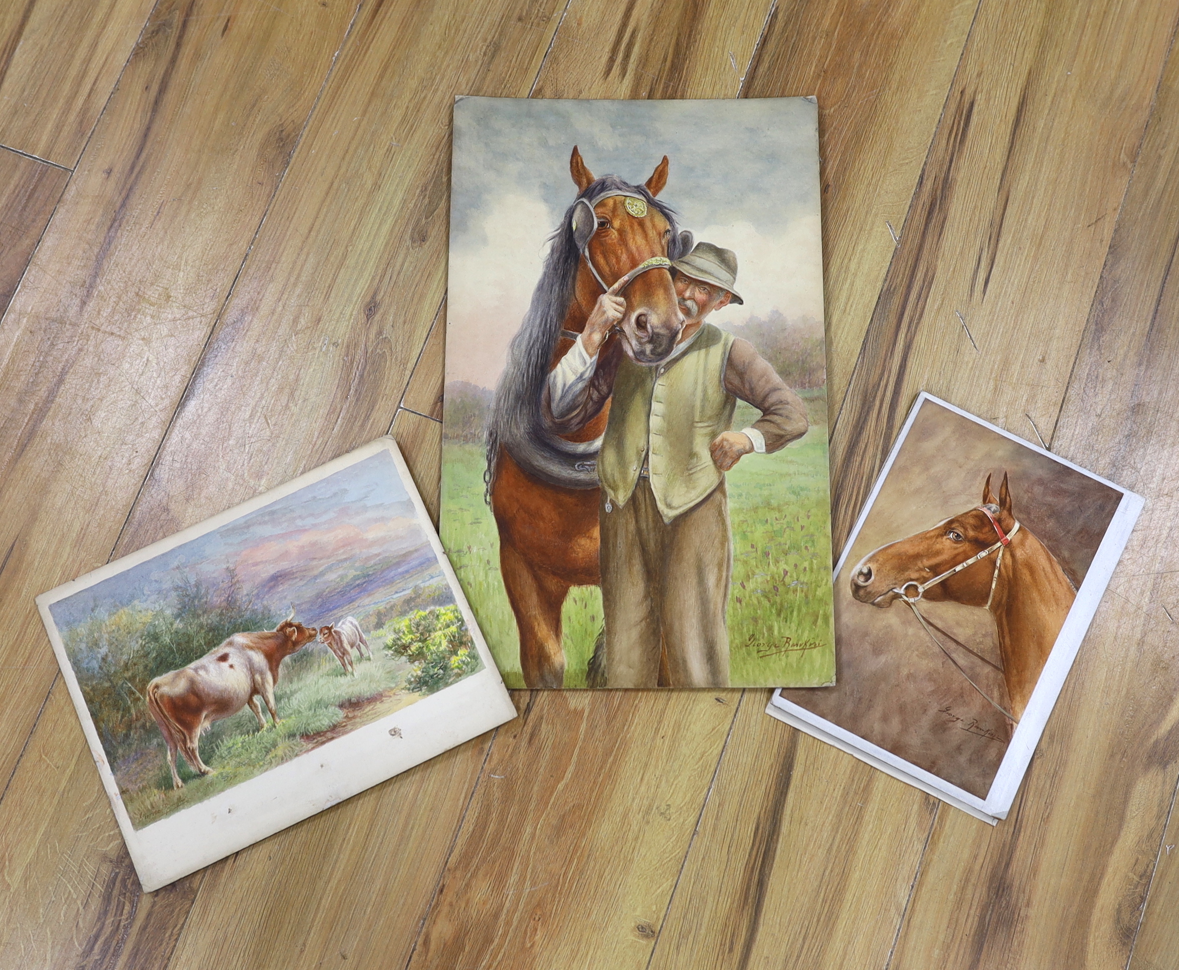 George James Rankin (1864-1937), three watercolours, Ploughman & cart horse, study of a bay horse and cow with calf, each signed, largest 47 x 29cm, unframed